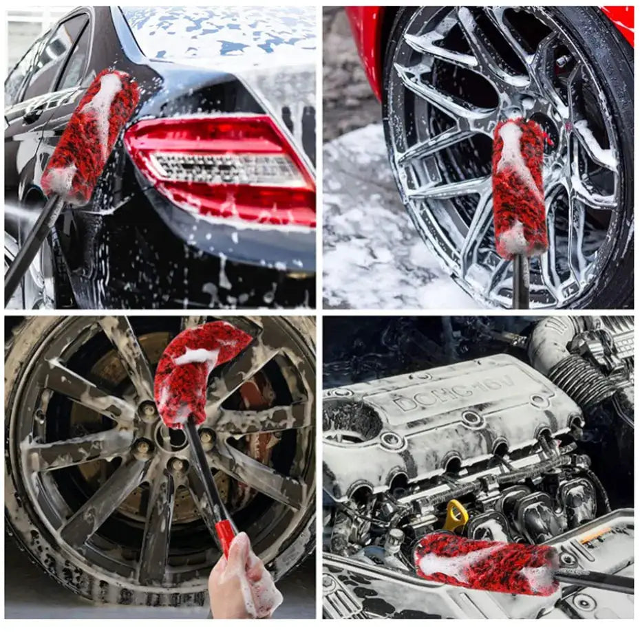 SEAMETAL bendable car wheel detailing brush by Simples Market; red and white scrub sponge for rims and tires
