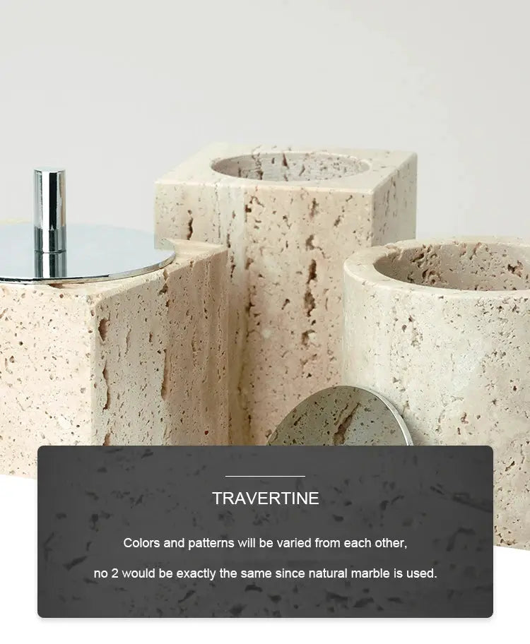 Beige travertine four-piece bathroom set by Simples Market: soap dispenser, soap dish, reed diffuser, vanity tray.
