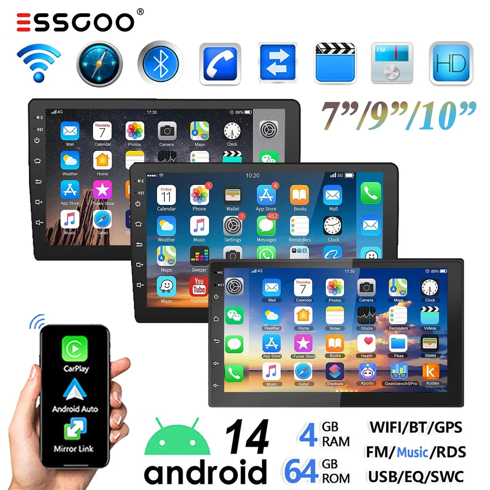 ESSGOO car stereo trio (7/9/10 in) with CarPlay, Android Auto, GPS, Bluetooth