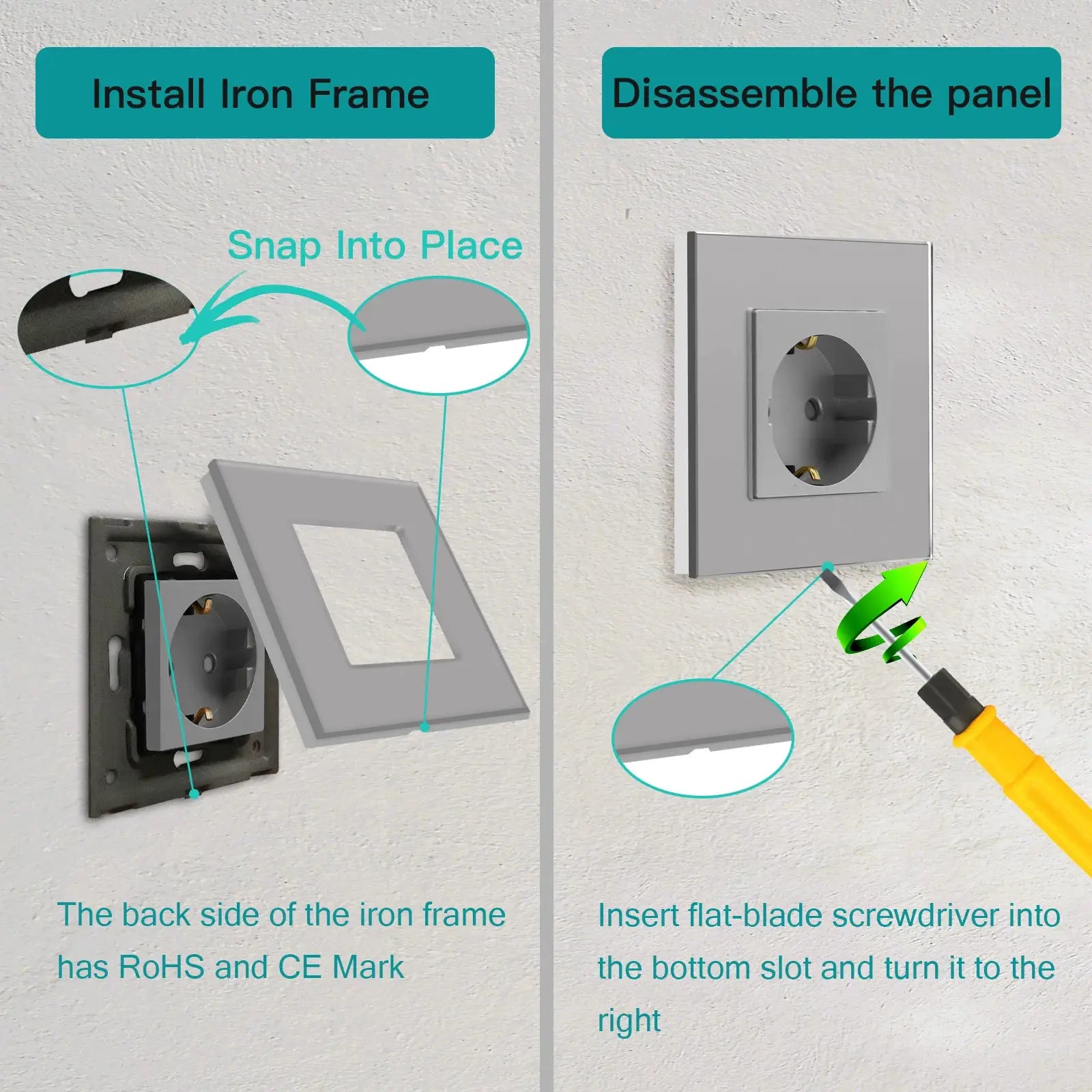 EU standard wall socket with glass panel, gray finish, shown during installation with backplate and screwdriver