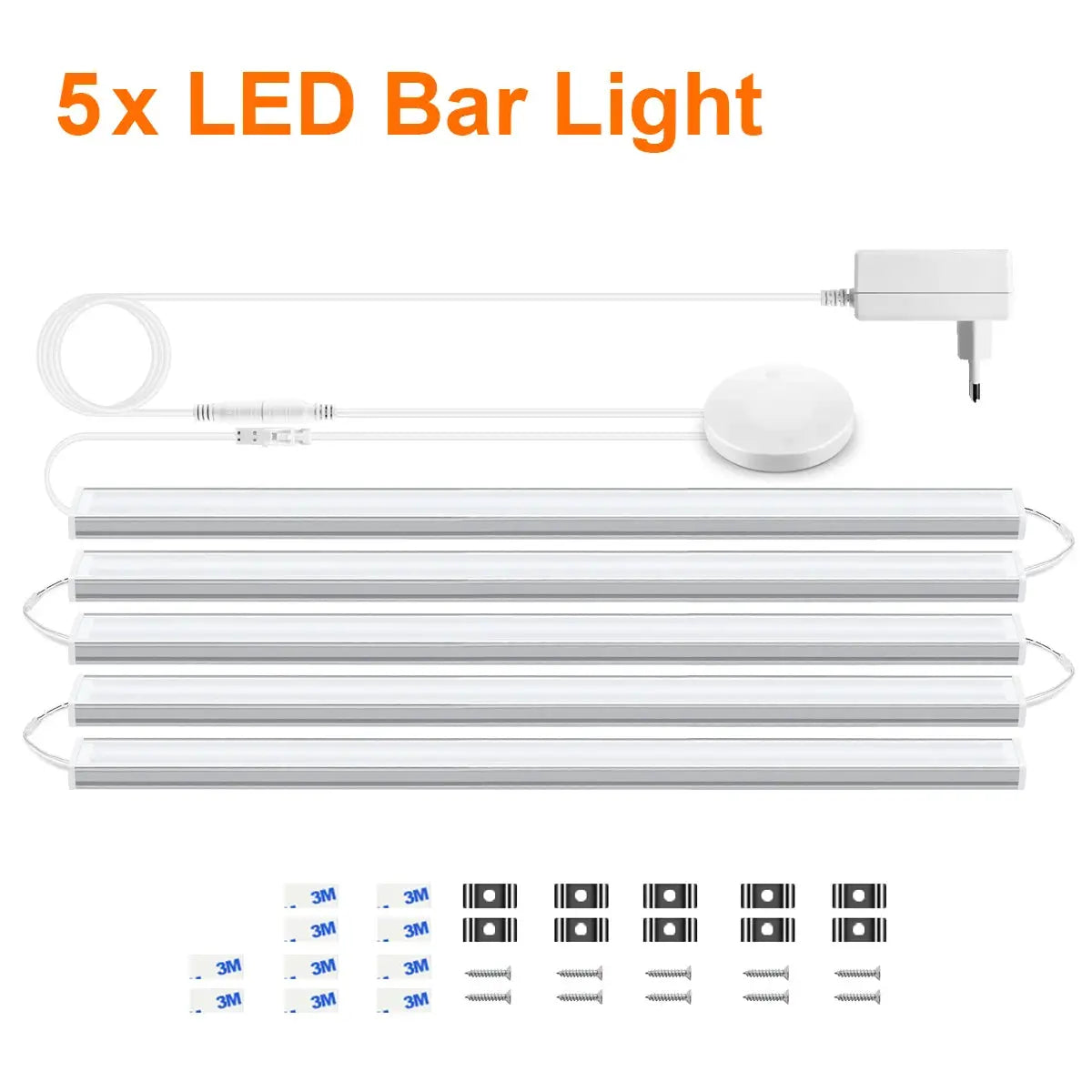 Simples Market under-cabinet white LED bar light kit with 5 linkable bars and plug-in power adapter.