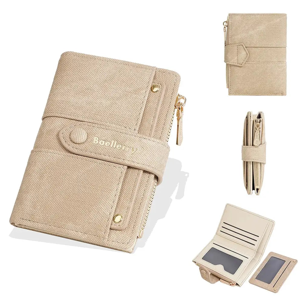 Baellerry beige women's short wallet with zipper coin pocket and detachable card clip