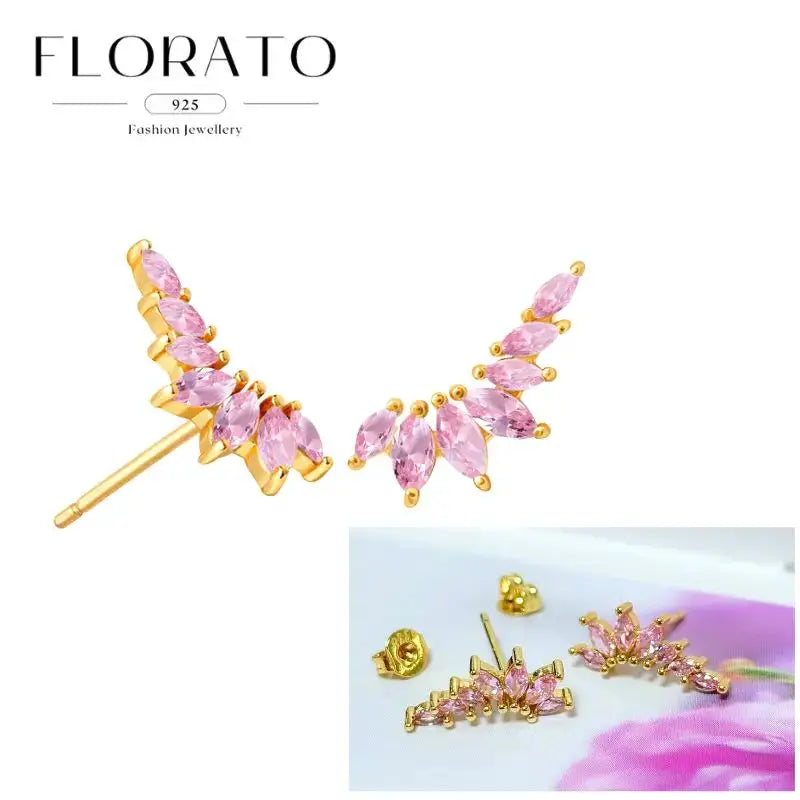 Florato 925 pink zircon curved ear post hoop earrings with gold-tone setting