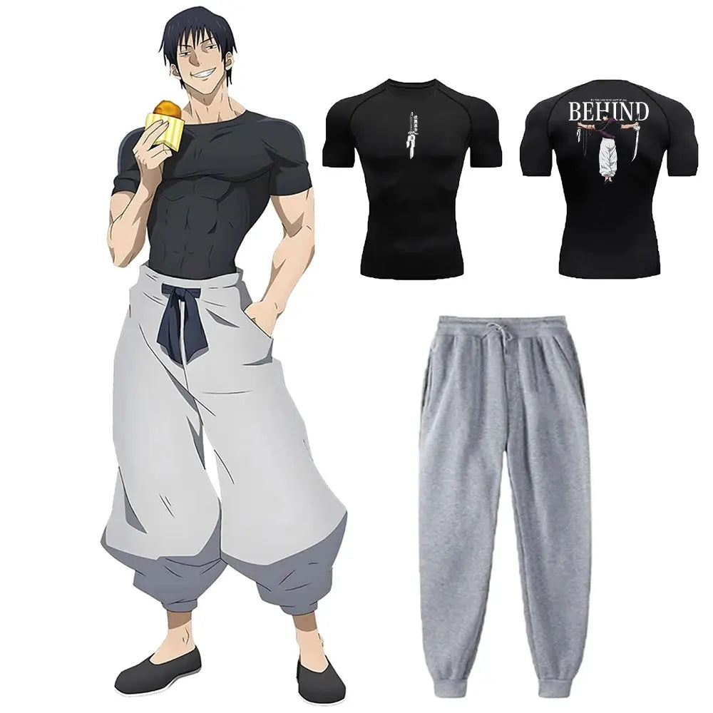 2-piece Toji Jujutsu Kaisen athletic tee and gray sweatpants set, black quick-dry shirt + pants, Simples Market