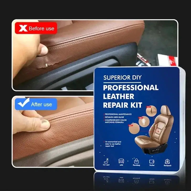 Simples Market Professional Leather Repair Kit for car seats and sofas; blue box with before/after brown leather panels.