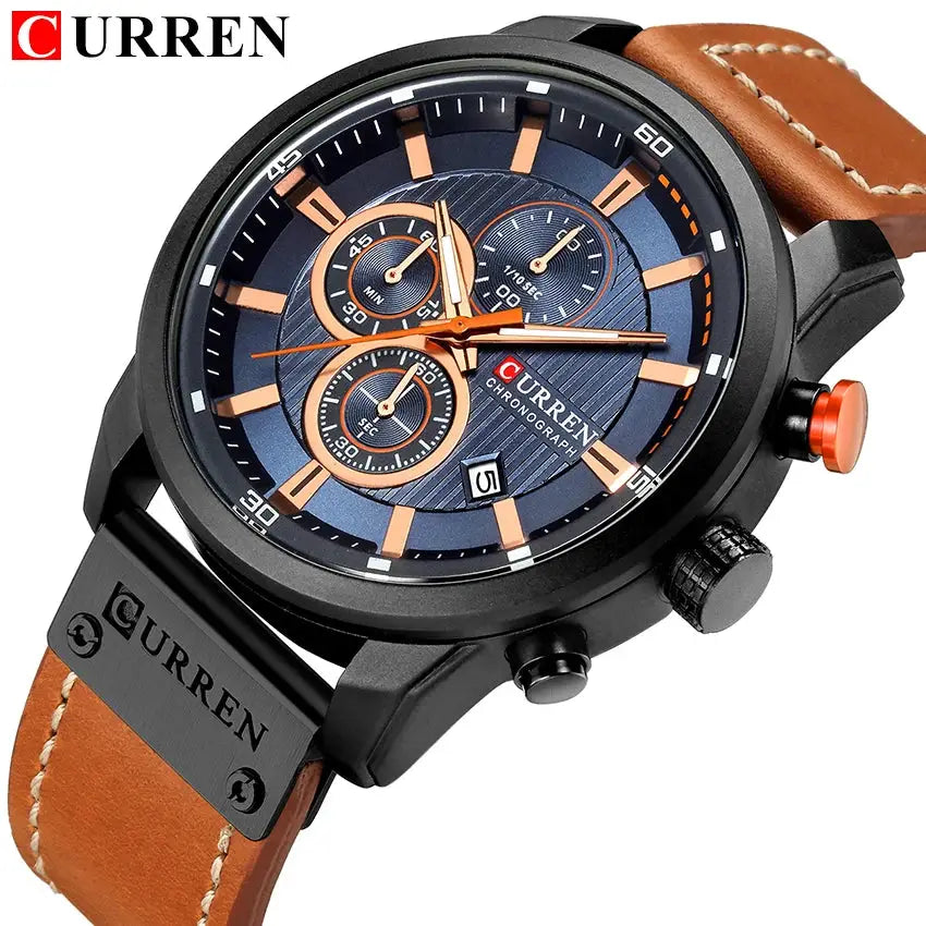 Curren men's quartz chronograph watch with blue dial and tan leather strap