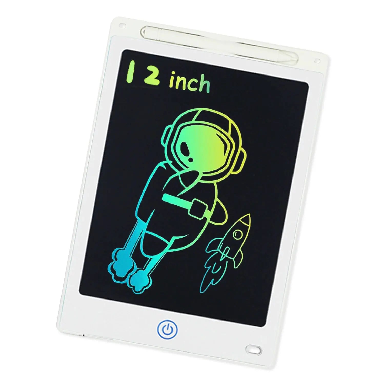 Simples Market 12-inch LCD writing tablet for kids with stylus, white frame, rainbow astronaut and rocket drawing.