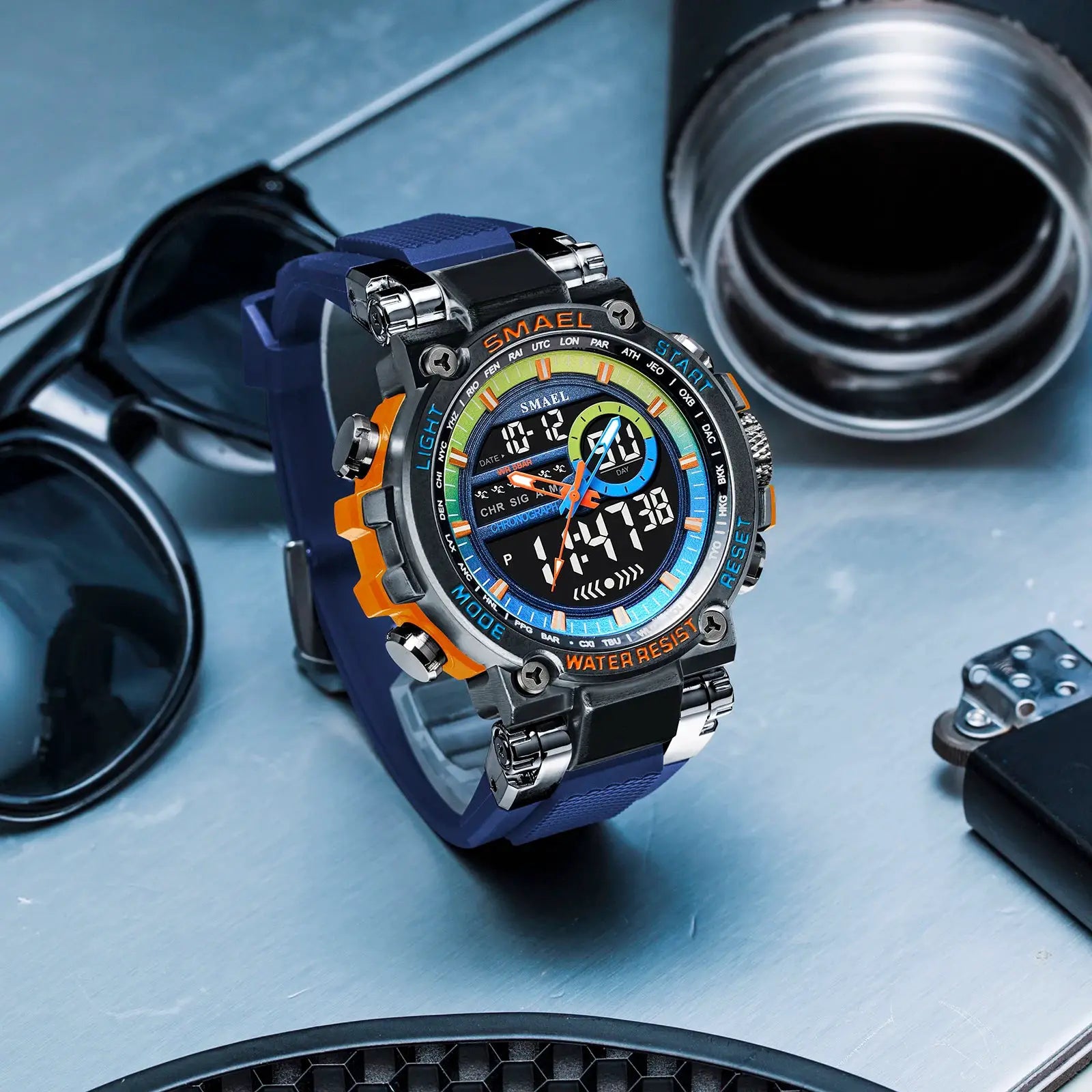 SMAEL 8141 men's digital sport watch with blue TPU strap and alloy case, 50M water resistant