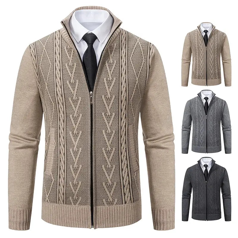 Men's cashmere-padded knitted zip cardigan coat in beige with geometric patterns; also shown in grey/charcoal.