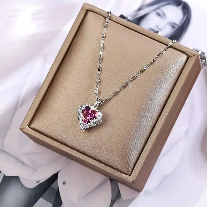 Top Luxury Colorful Crystal Ocean Heart Pendant Necklace For Women 316L Stainless Steel Jewelry