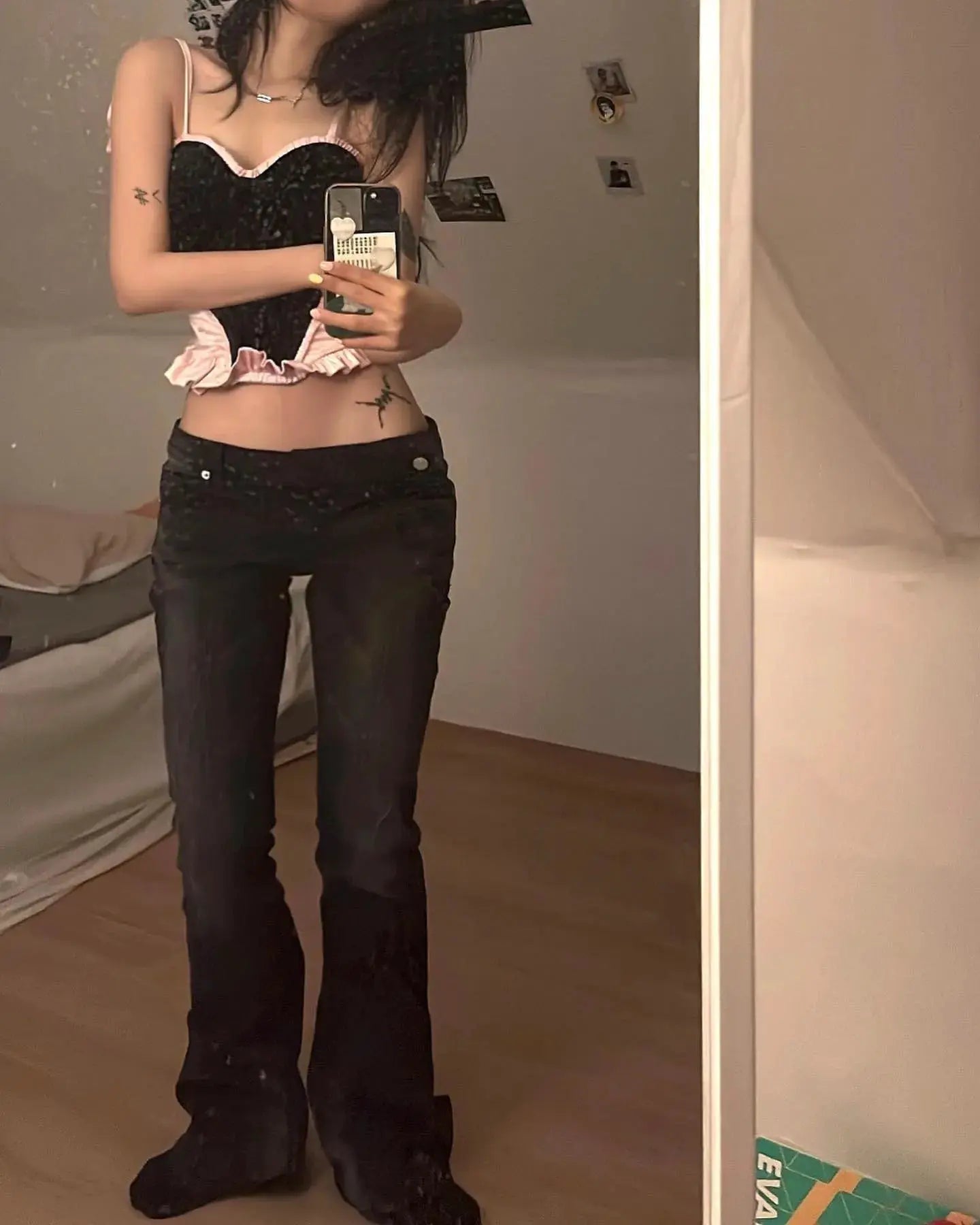 Vintage Distressed Asymmetrical Low Waist Jeans Grunge Flare Denim