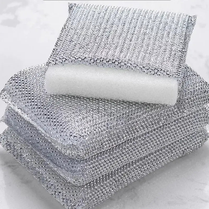 Simples Market 4pc kitchen dishwashing sponge set with scratch-free metal mesh pads and white foam sponge