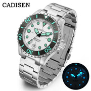 CADISEN Aqua Diver stainless steel automatic watch with white dial and luminous turquoise markers, 100m water resistance