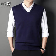 Men's navy V-neck knitted vest from Simples Market; solid color knit over white shirt, KKFZ logo visible.