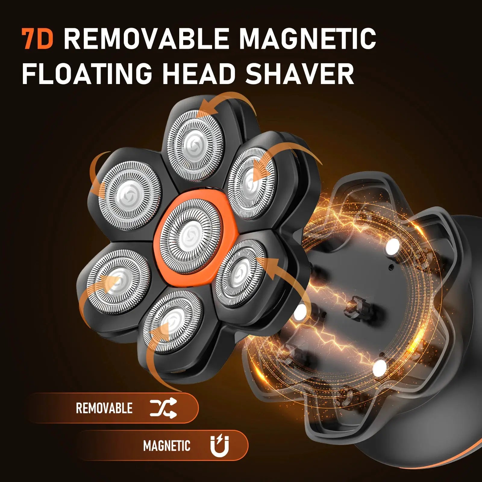 MAXGROOM 7D electric shaver for men with removable magnetic floating head; black with orange accents