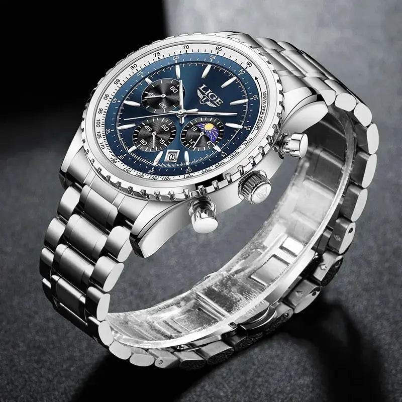 LIGE men's stainless steel chronograph watch with blue dial, date window, and metal bracelet.