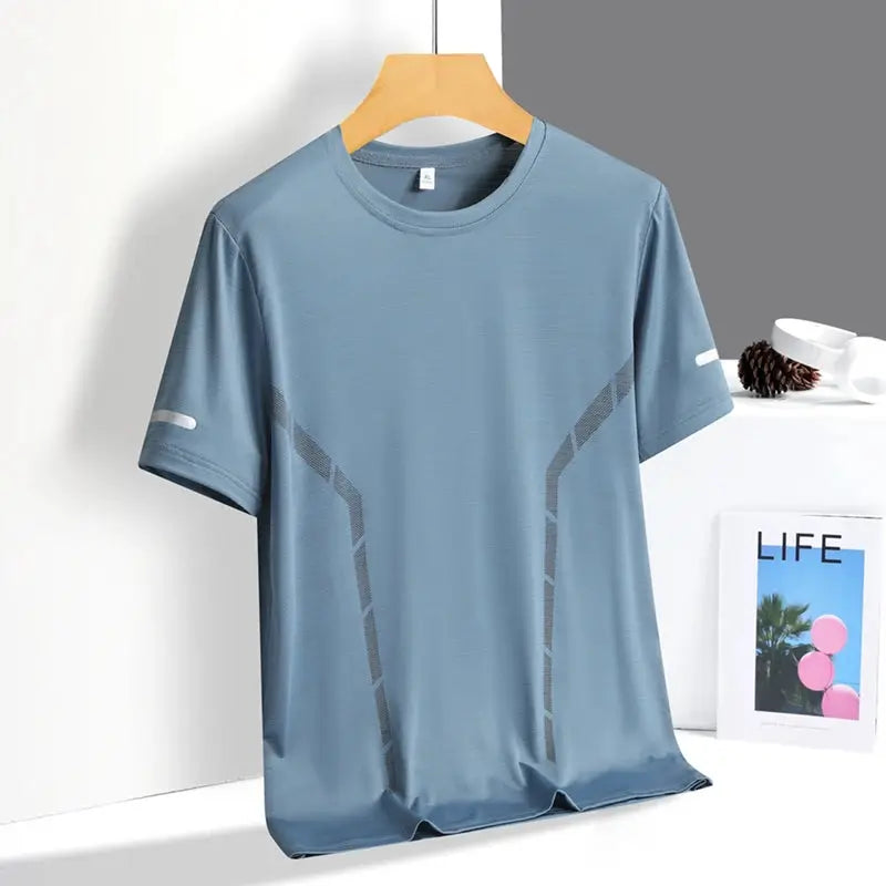Running T-shirt Men blue ice-silk quick-dry short-sleeve breathable top with geometric side panels