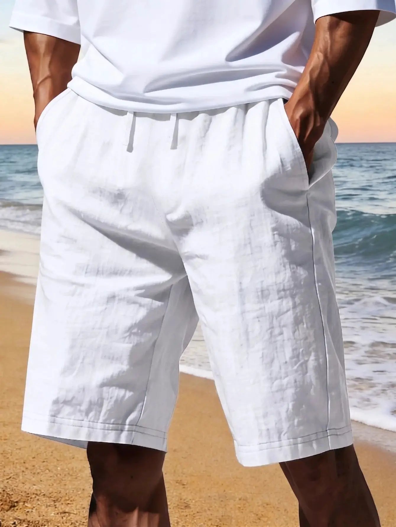 Men's quick-dry beach shorts, white knee-length with drawstring waist, lightweight with side pockets Simples Market