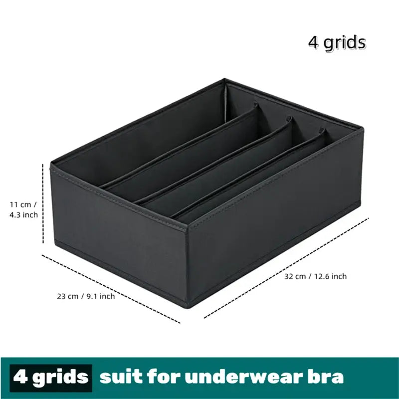 Underwear and sock organizer storage box, black, 4-grid with divided compartments