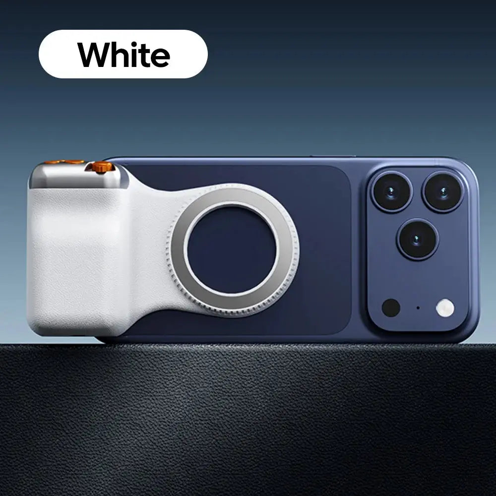 Magnetic phone camera grip with zoomable ring mount in white for smartphones