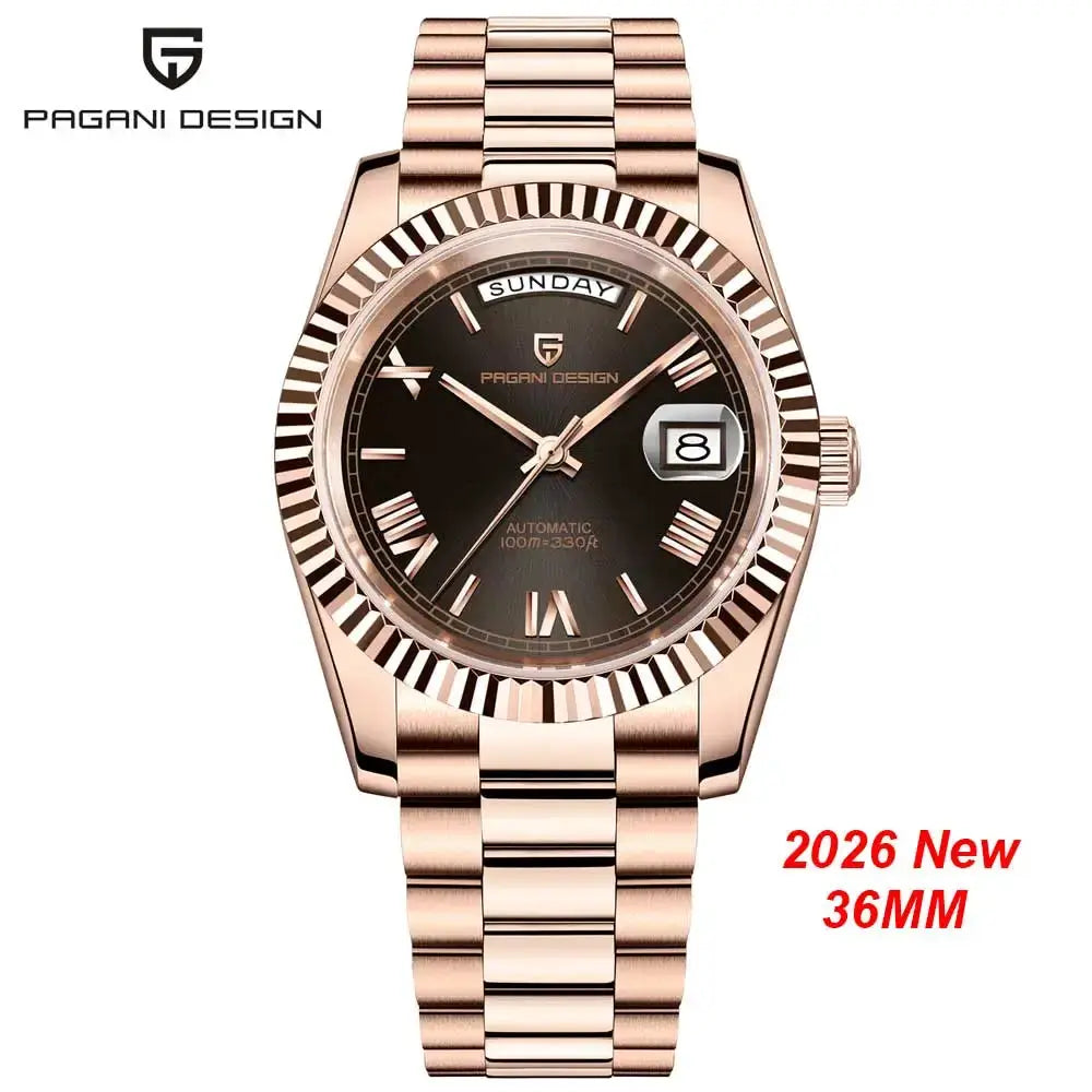 Pagani Design 36mm men's rose-gold automatic wristwatch with black dial and day-date window
