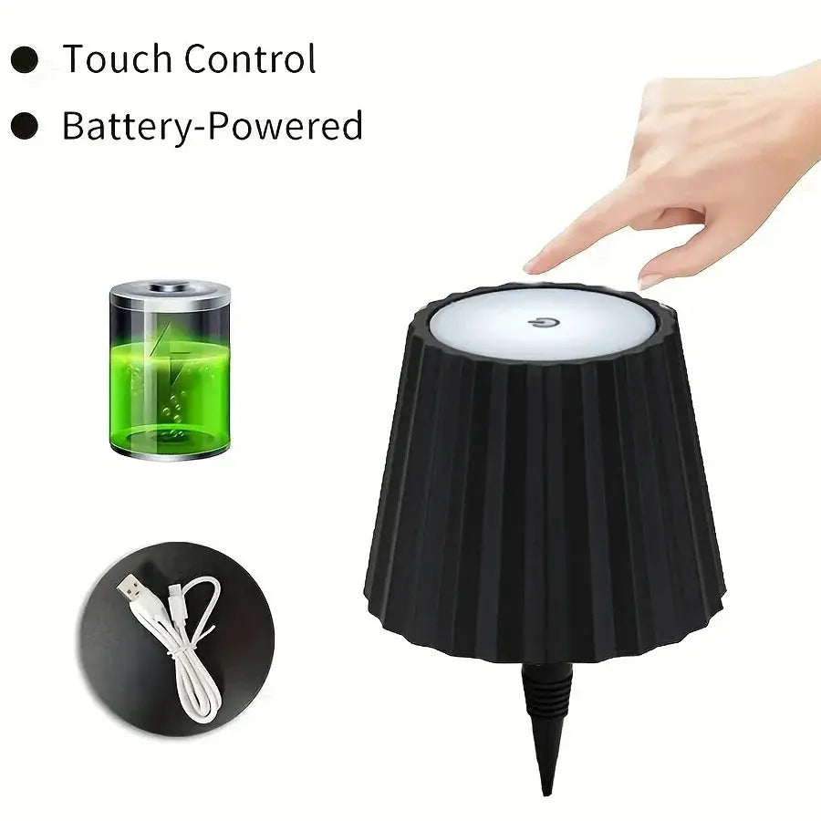 Lampe de table bouteille sans fil à design noir plissé, contrôle tactile, 3 couleurs, gradation continue, câble USB inclus