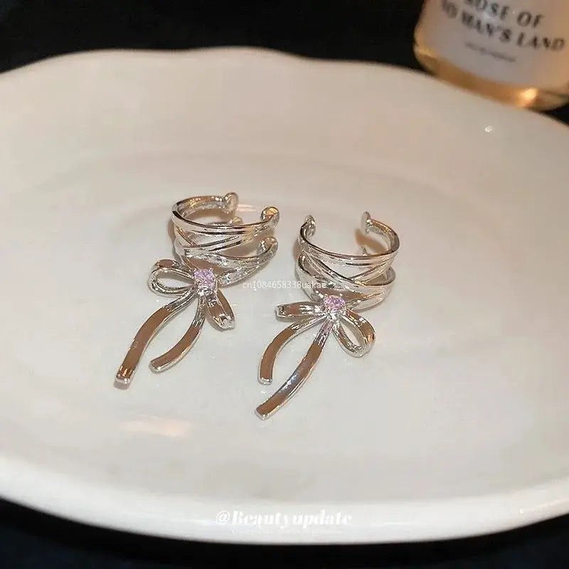 New Elegant Aesthetics Bow Knot Clip Earrings Non Piercing Ballet Ribbon Style Ear Clips For Women