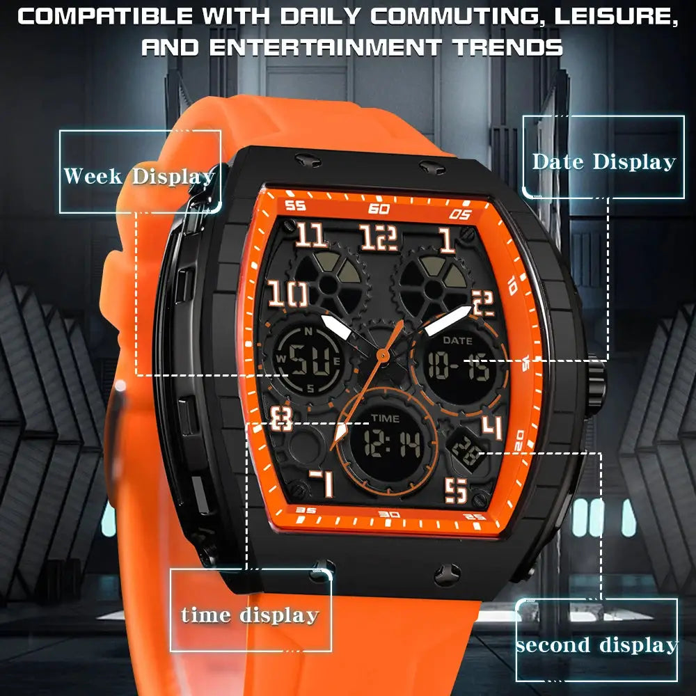 SANDA Tonneau Dial Digital Watch for Men Military Sport Dual Time Analog Digital LED Waterproof Wrist Clock