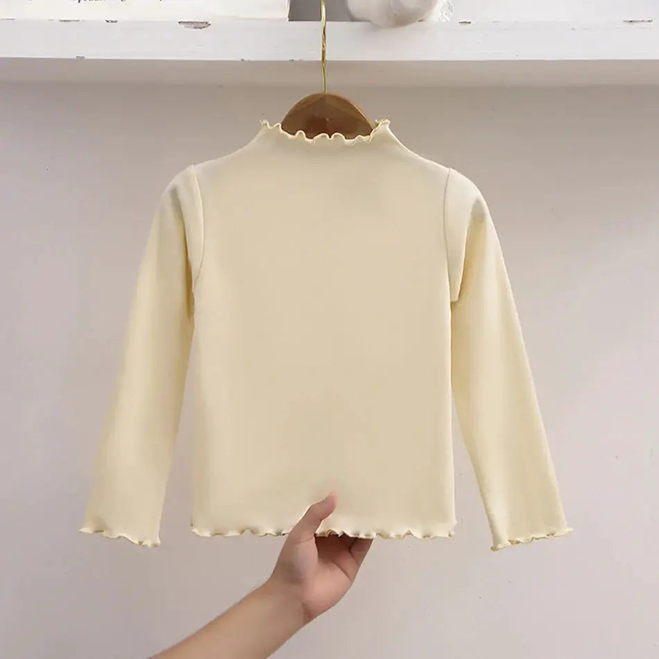 Autumn Winter Girls Long Sleeve Solid Color T Shirt With Ruffle Collar Fashionable Comfortable Everyday Wear