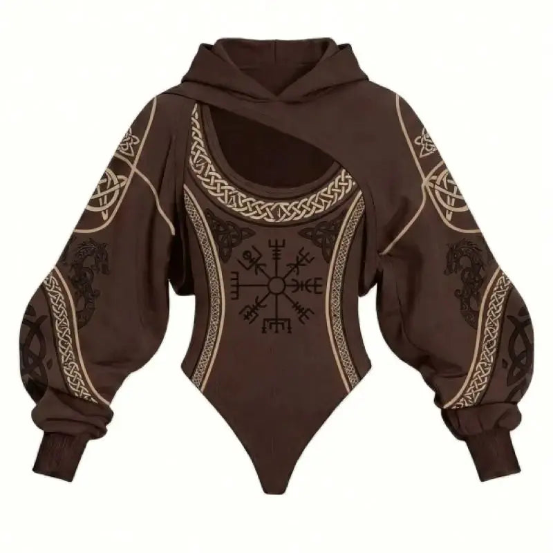 Viking Print women's brown hooded jumpsuit by Simples Market with ornate chest and sleeve motifs