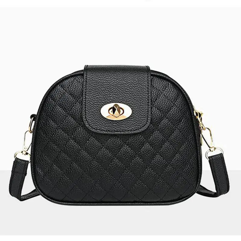 Gentle Compact Quilted Oval Crossbody Bag in black PU leather with gold hardware and multi-pocket zipper storage