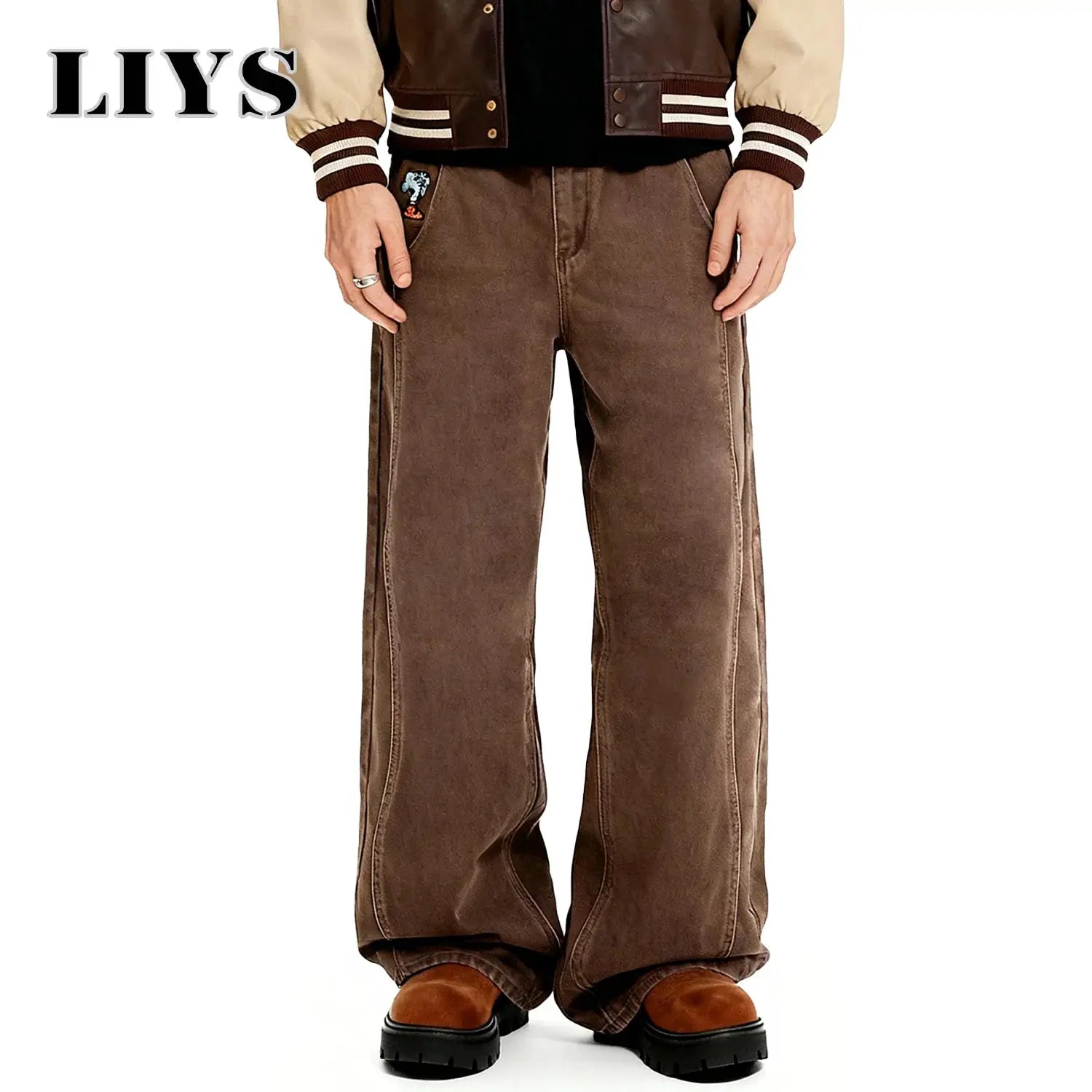 Men's brown baggy wide-leg denim jeans with elephant embroidery patch, Simples Market