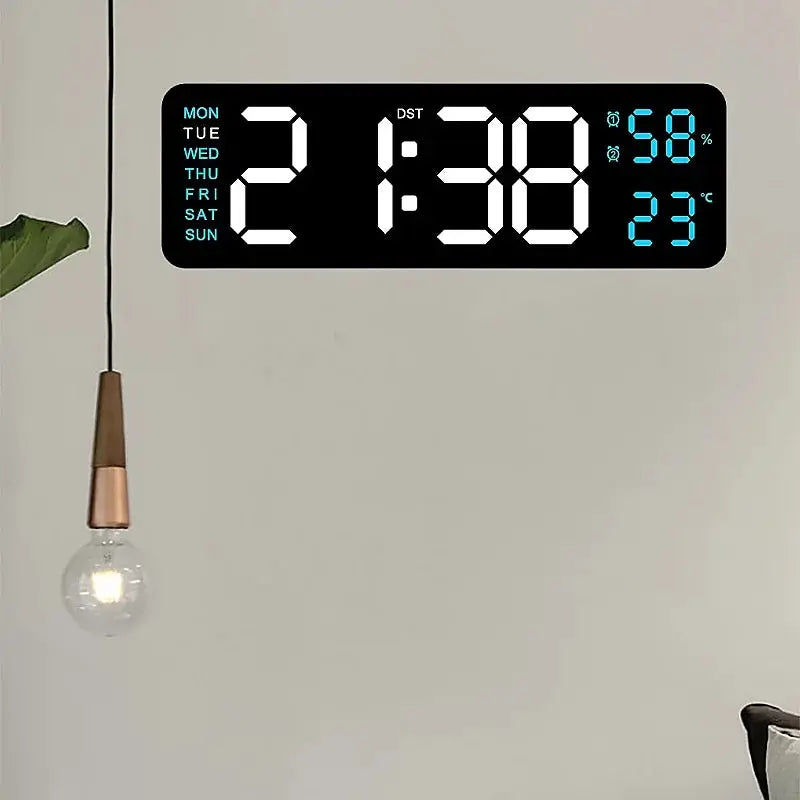 9-inch digital wall clock, Simples Market, USB powered, black with blue LED digits showing time, humidity and temperature