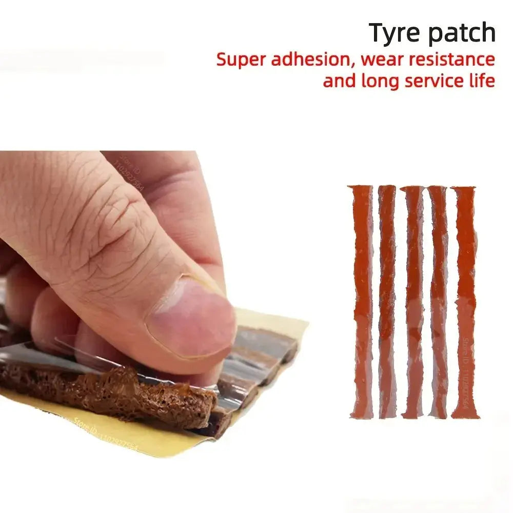 Car tire patch repair kit with five brown rubber strips and glue; hand applying patch.