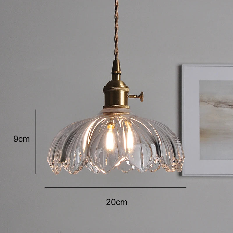 Vintage glass pendant light by Simples Market with brass hardware and clear ribbed shade, 20 cm wide by 9 cm tall.