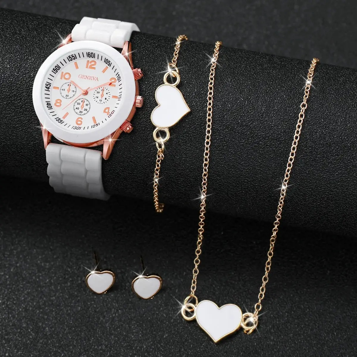 Women watch and heart jewelry set: white silicone-band quartz watch with rose-gold case, heart necklace and earrings
