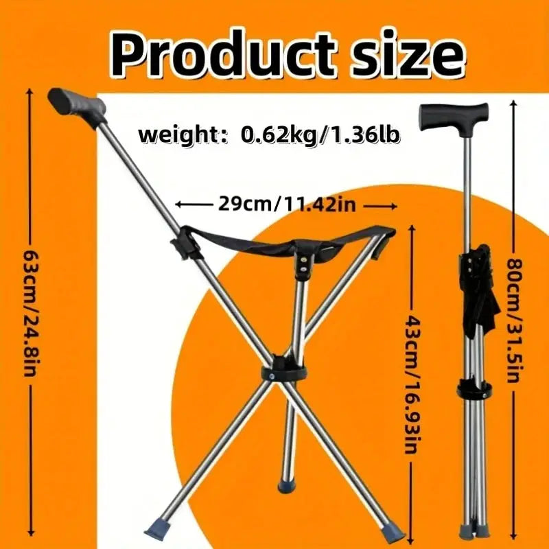 2-in-1 folding cane and chair travel cane, aluminum frame with black handles, foldable for hiking and camping