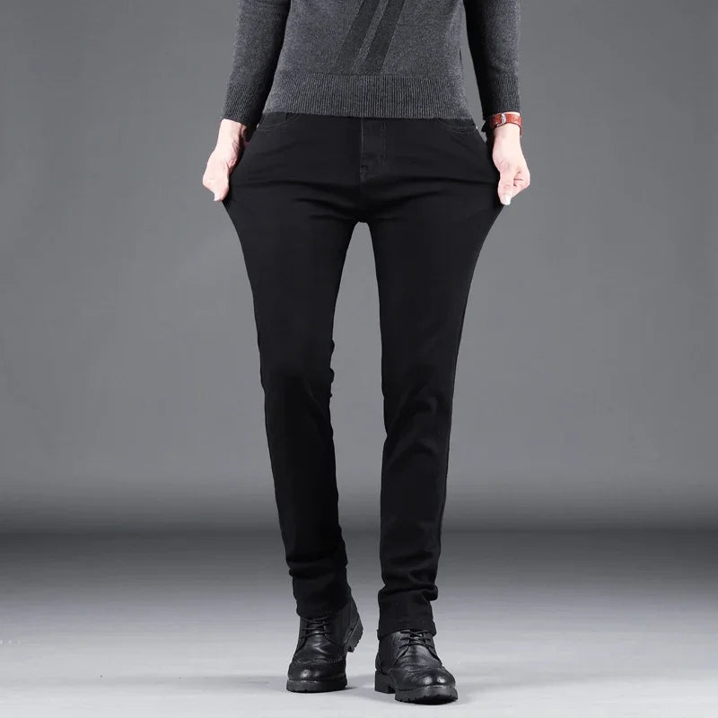 Mens Pure Black Slim Jeans Elastic Straight Denim For Korean Vintage
