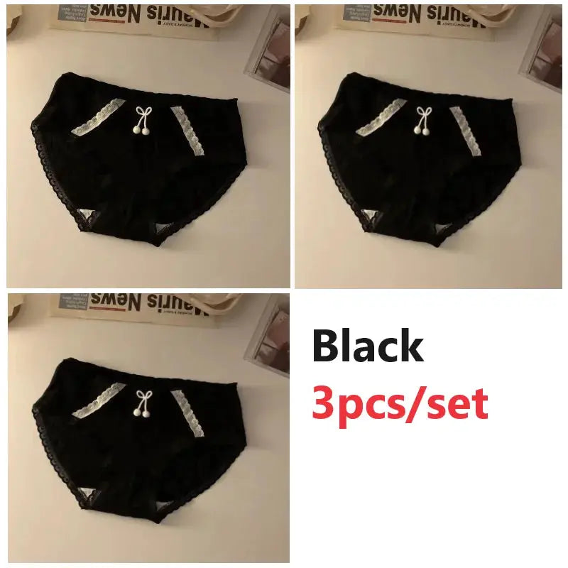3pcs black cotton seamless panties set with lace trim and front bow, mid-waist breathable underwear