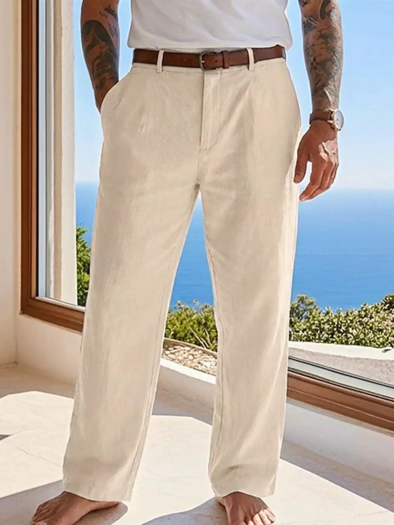 Men's cotton-linen pants in beige with drawstring waist, breathable and loose-fit, Simples Market