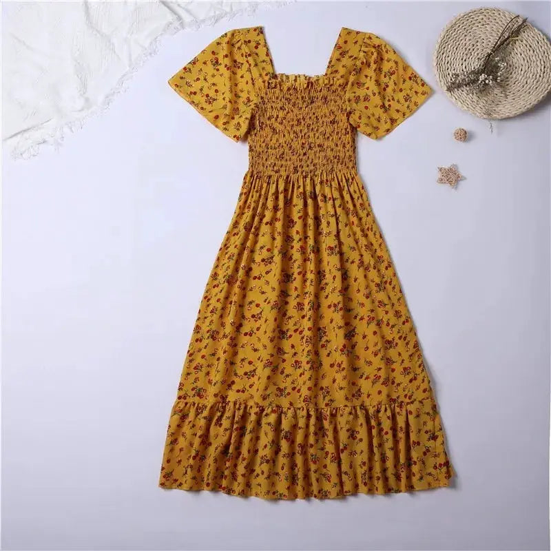 Spring Summer Floral Chiffon Midi Dress For Women With Elastic Waist Short Sleeves Backless Casual Printed