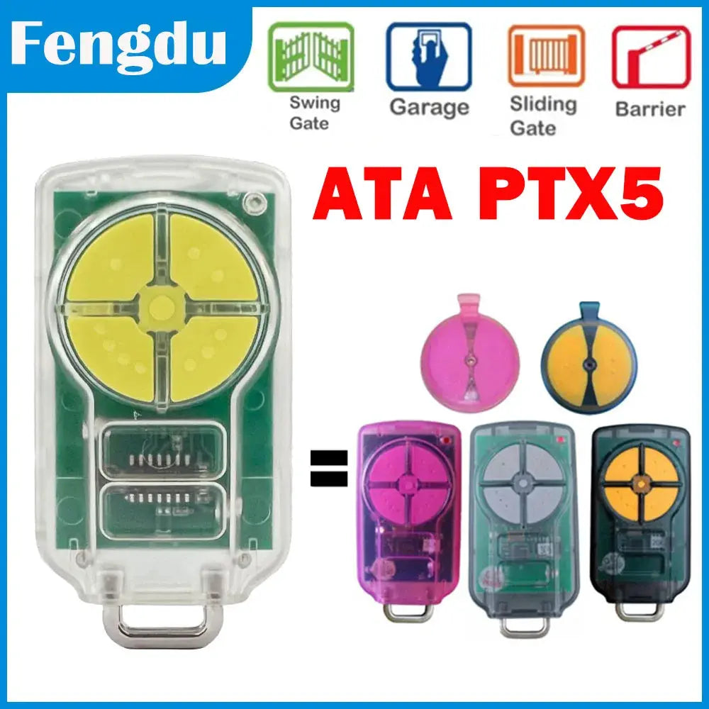 ATA PTX5 universal garage door remote control; transparent case with yellow circular dial and color variants