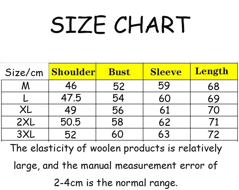 Men's knitted polo shirt size chart showing shoulder, bust, sleeve, and length for sizes M–3XL.