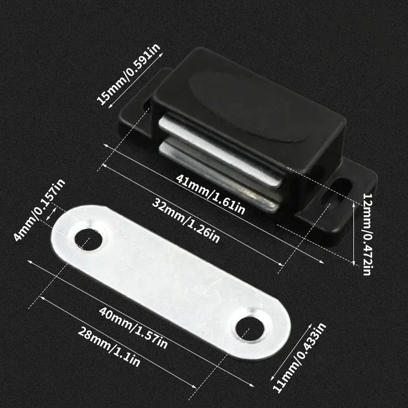 Simples Market cabinet magnetic door lock set with black magnet and silver mounting plate, 4/8 pcs