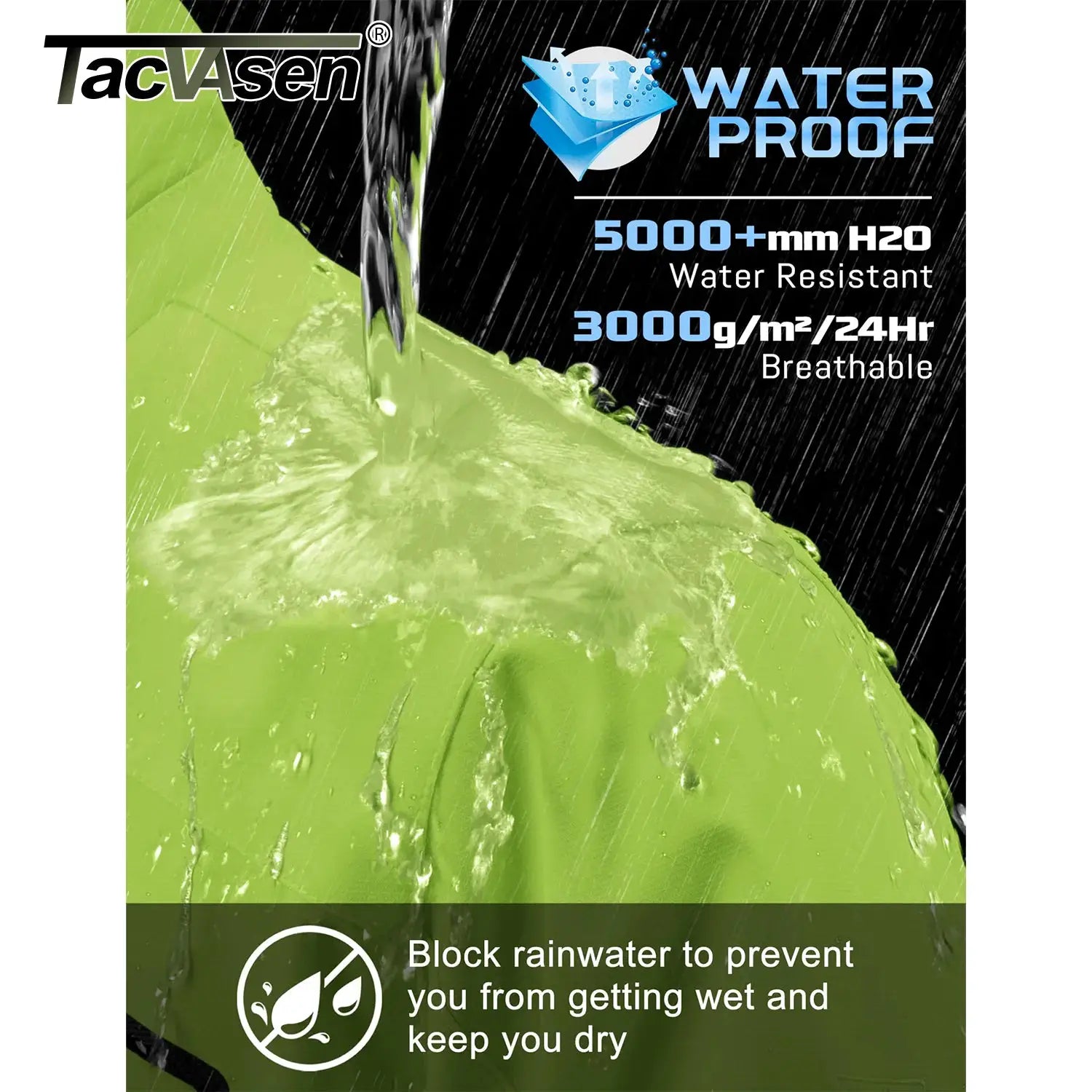TACVASEN men's lime-green waterproof rain jacket with mesh lining; 5000+mm H2O, breathable 3000g/m2/24h