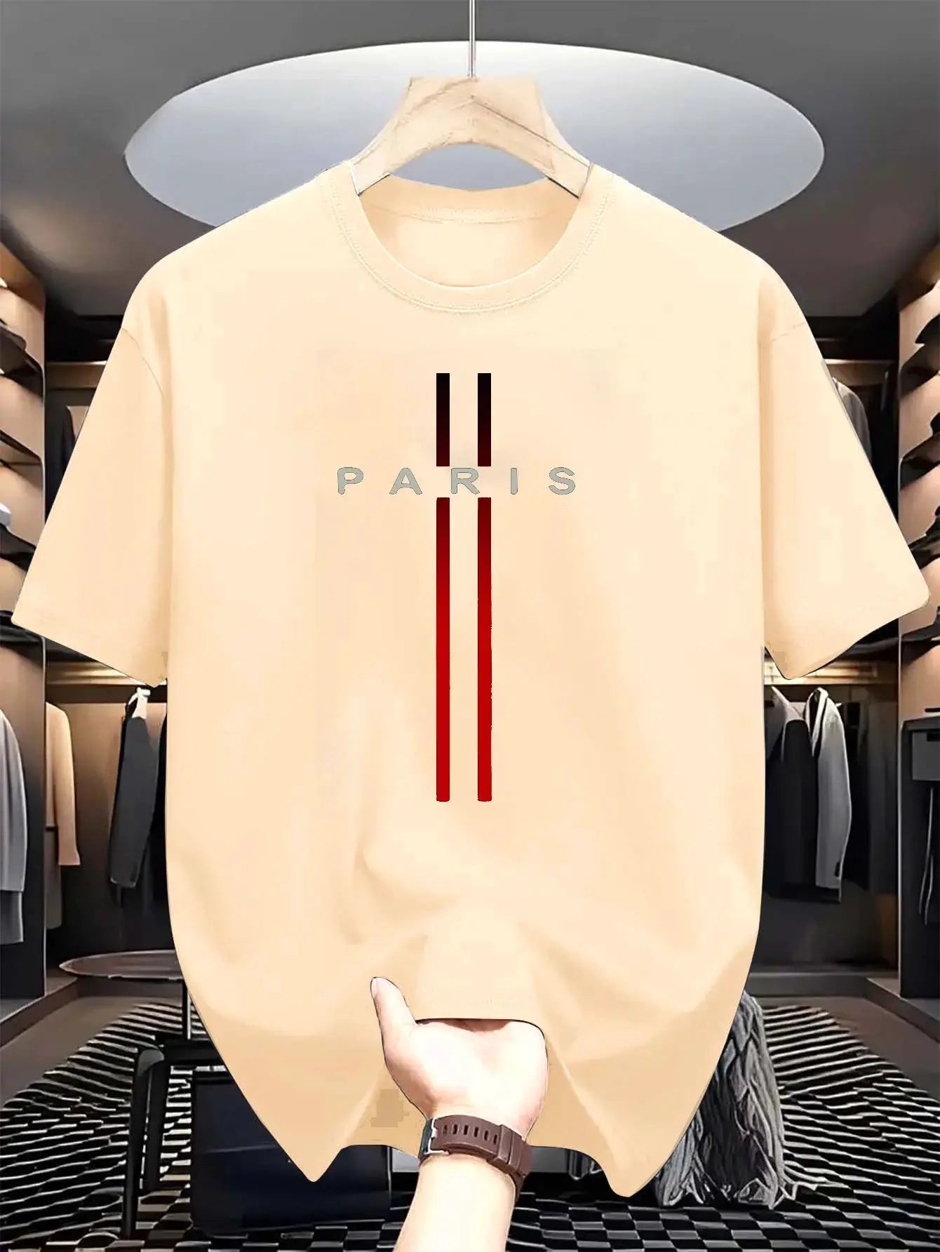 Men's 100 Percent Cotton Summer T Shirt Loose Fit Paris Letter Print Round Neck Short Sleeve Top