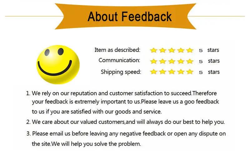 About Feedback section with orange ribbon banner, yellow smiley face, and five-star rating text.