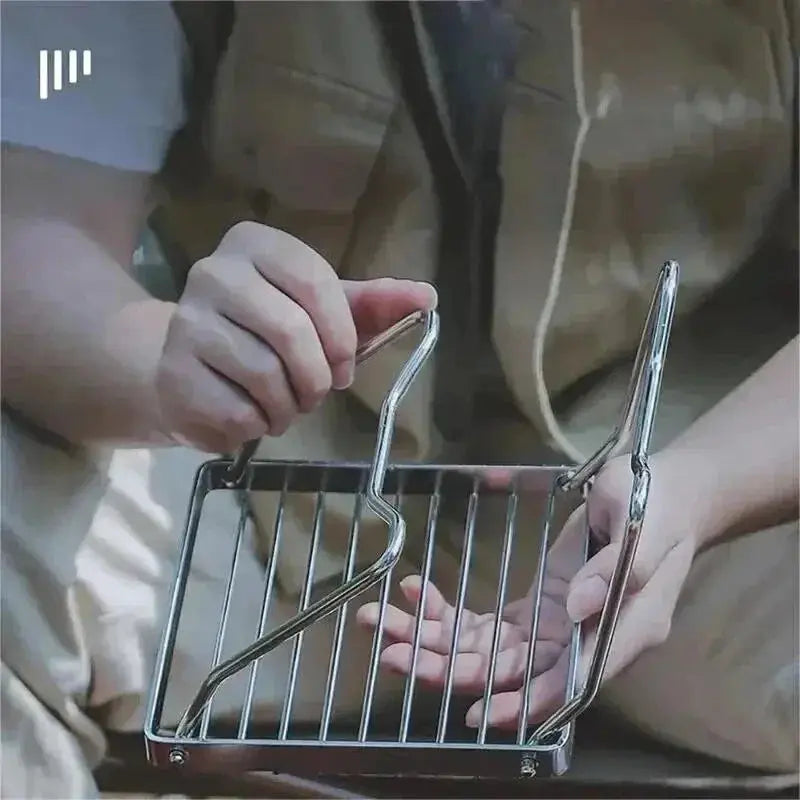 Stainless steel camping stove holder and folding mini barbecue rack with side handles
