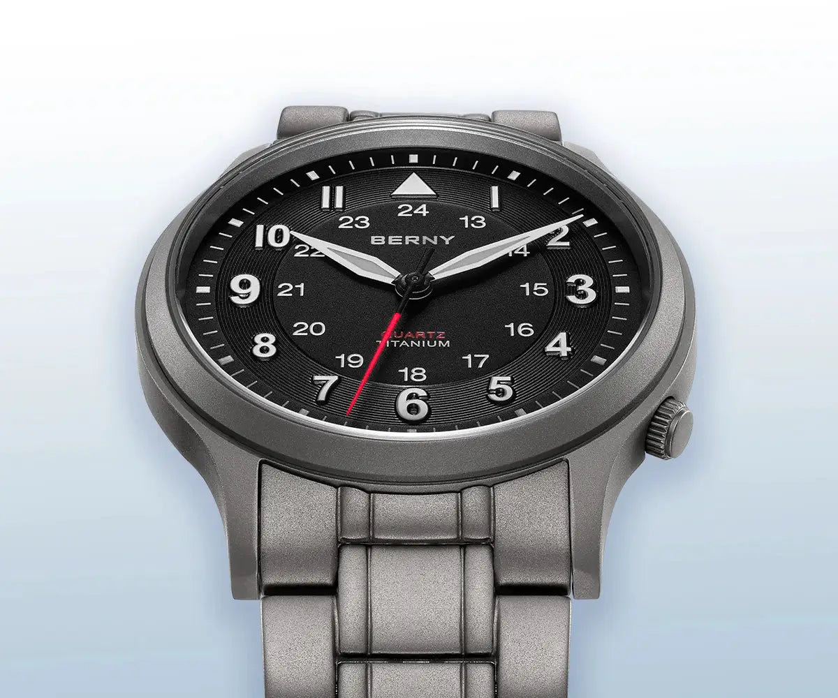 BERNY titanium field wristwatch for men with black dial, luminous white hands, red second hand, and metal bracelet