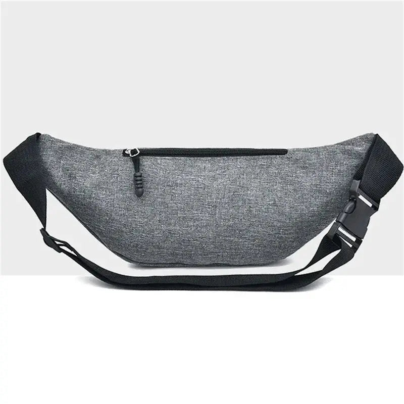 Gray fabric waist bag with front zipper pocket and adjustable black strap